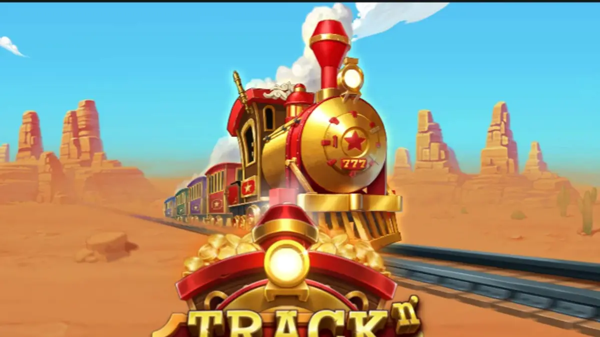 Tampilan layar permainan slot Track’n Gold dengan tema kereta api dan Wild West.